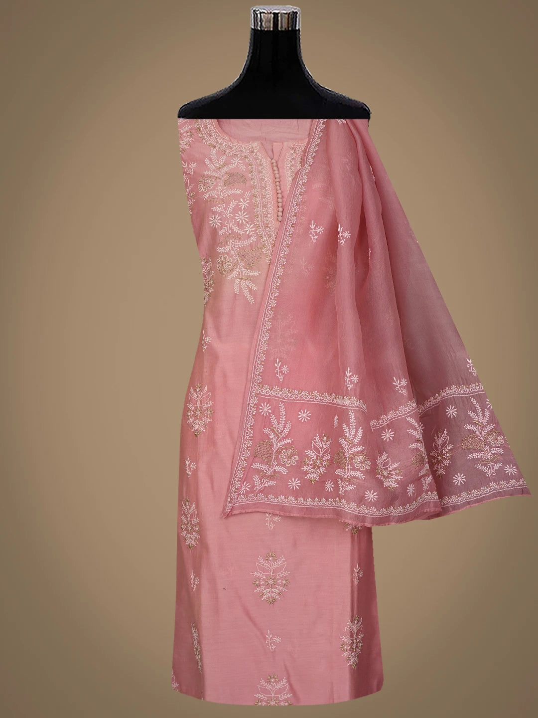 Ada Hand Embroidered Pink Chanderi Lucknowi Chikankari Semi-Stitched Suit Piece With Zari Taar Work 01A705009