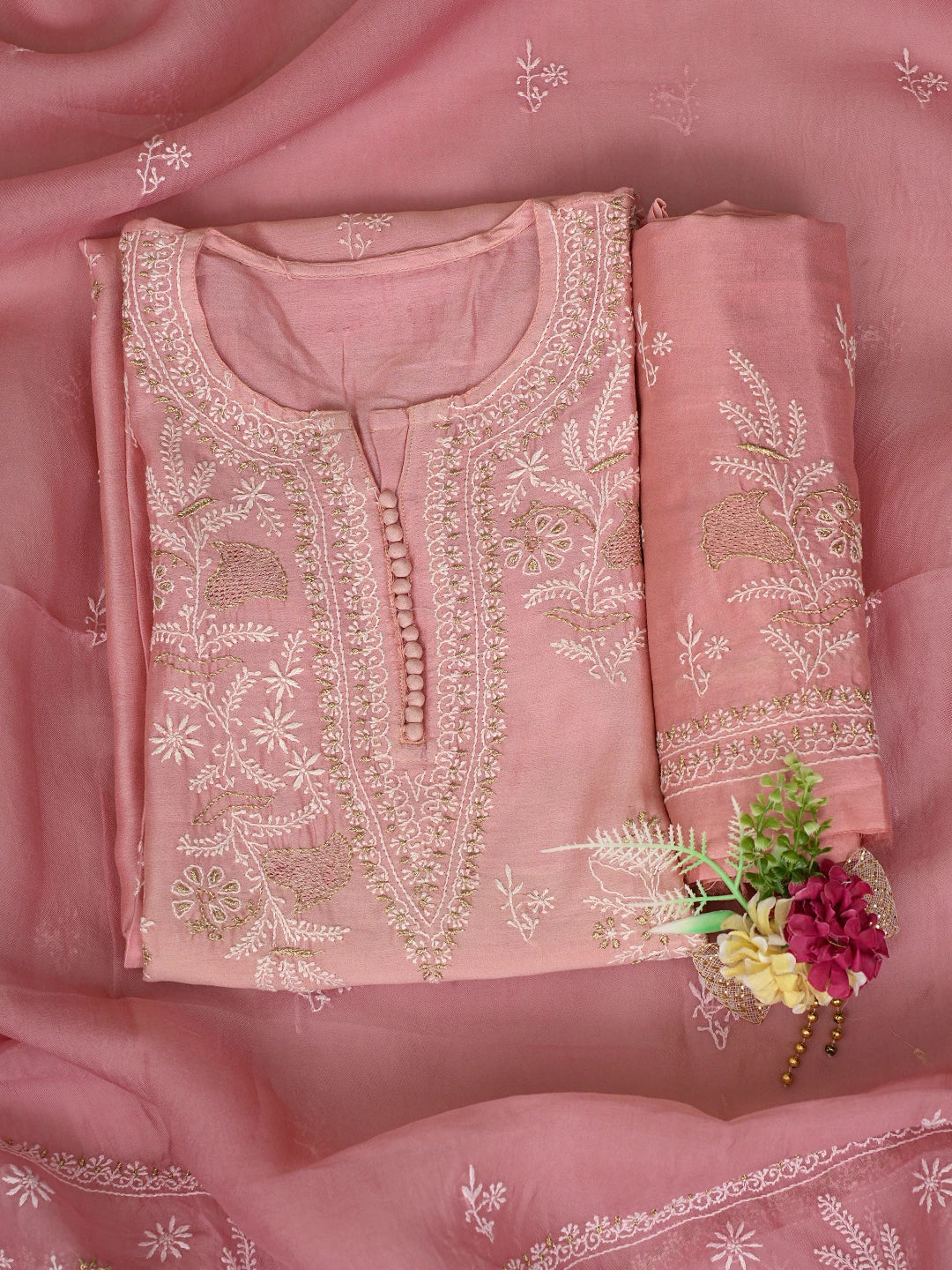 Ada Hand Embroidered Pink Chanderi Lucknowi Chikankari Semi-Stitched Suit Piece With Zari Taar Work 01A705009