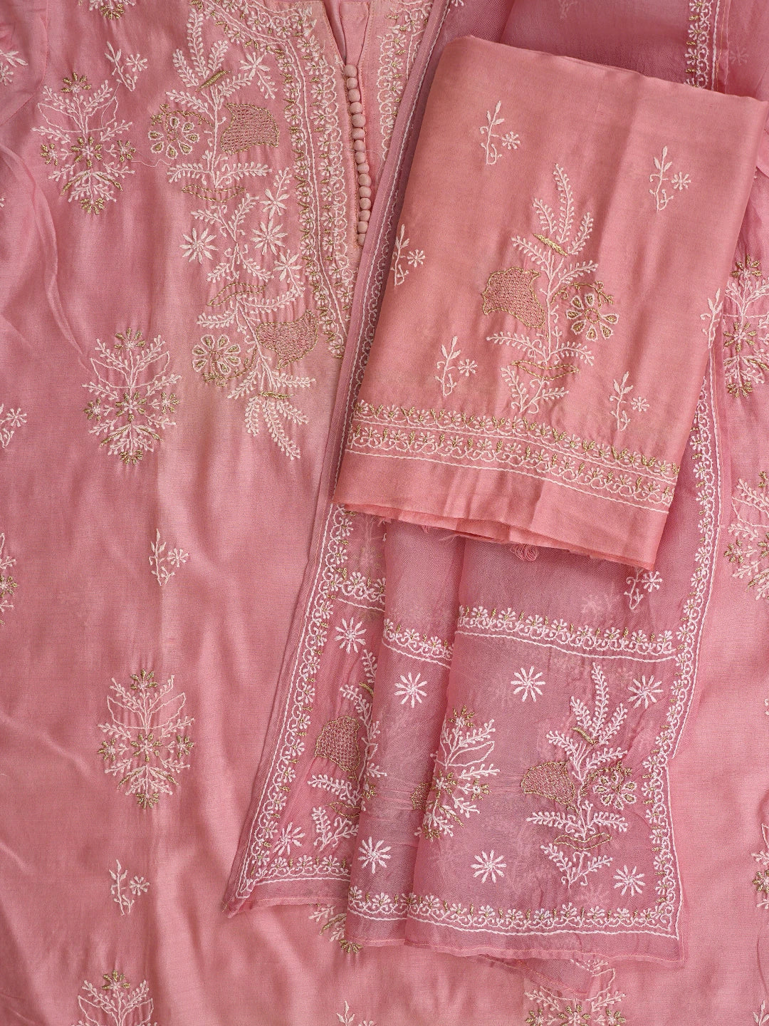 Ada Hand Embroidered Pink Chanderi Lucknowi Chikankari Semi-Stitched Suit Piece With Zari Taar Work 01A705009