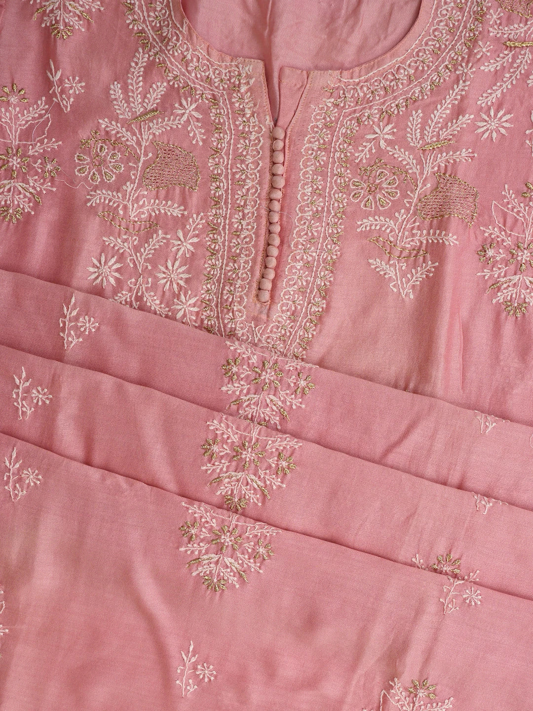 Ada Hand Embroidered Pink Chanderi Lucknowi Chikankari Semi-Stitched Suit Piece With Zari Taar Work 01A705009