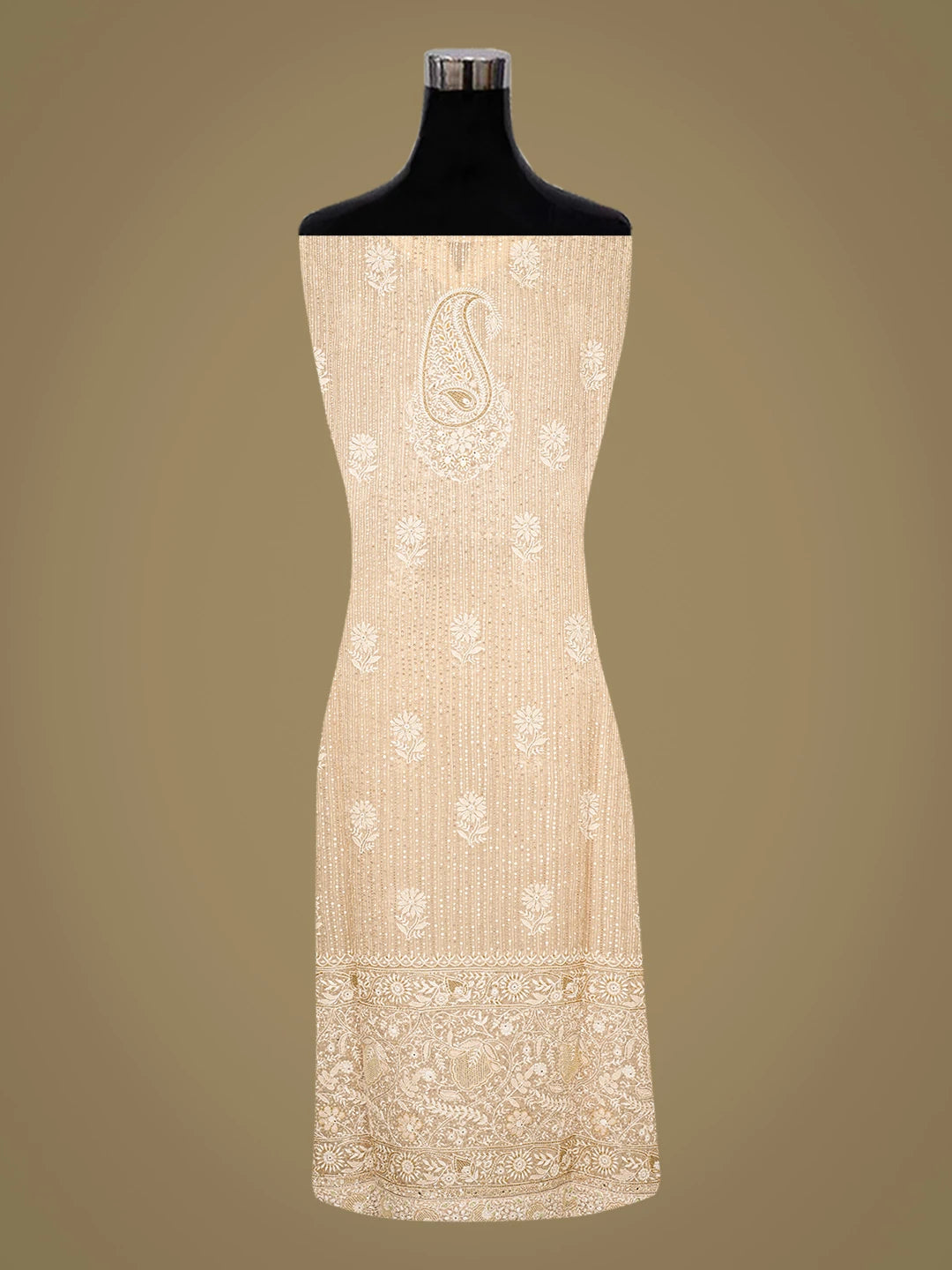 Ada Hand Embroidered Fawn Organza Lucknowi Chikankari Semi-Stitched Kurta Dupatta Set With Cutdana Work 01A567446