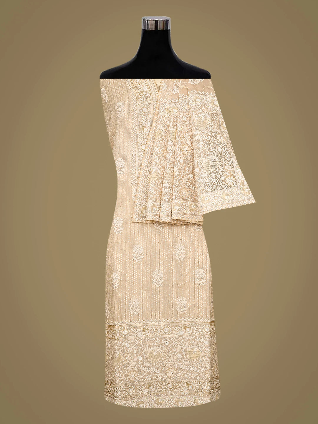 Ada Hand Embroidered Fawn Organza Lucknowi Chikankari Semi-Stitched Kurta Dupatta Set With Cutdana Work 01A567446