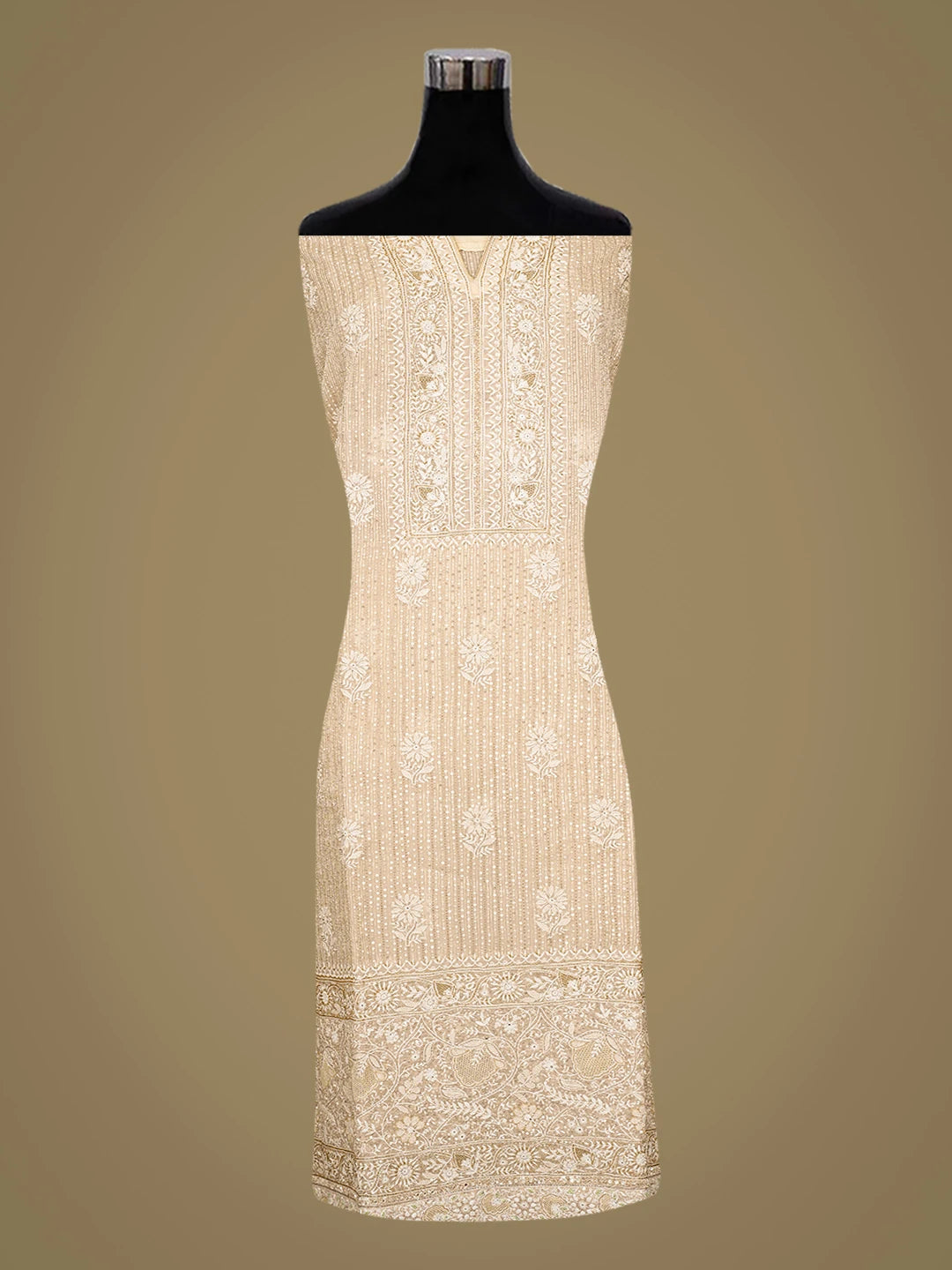 Ada Hand Embroidered Fawn Organza Lucknowi Chikankari Semi-Stitched Kurta Dupatta Set With Cutdana Work 01A567446