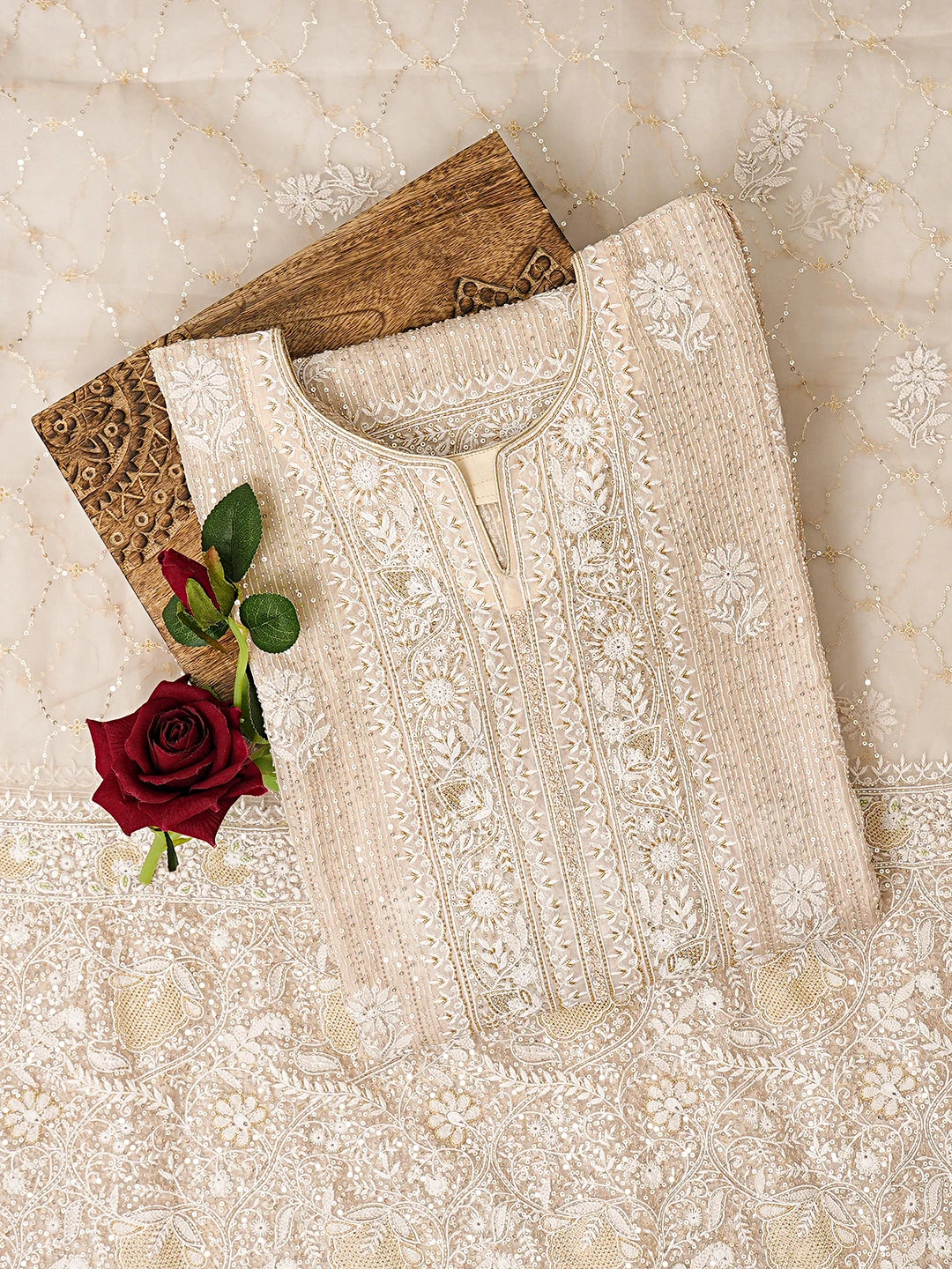 Ada Hand Embroidered Fawn Organza Lucknowi Chikankari Semi-Stitched Kurta Dupatta Set With Cutdana Work 01A567446