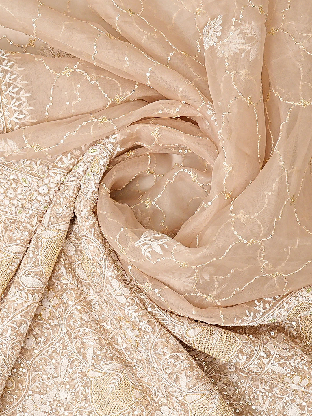 Ada Hand Embroidered Fawn Organza Lucknowi Chikankari Semi-Stitched Kurta Dupatta Set With Cutdana Work 01A567446