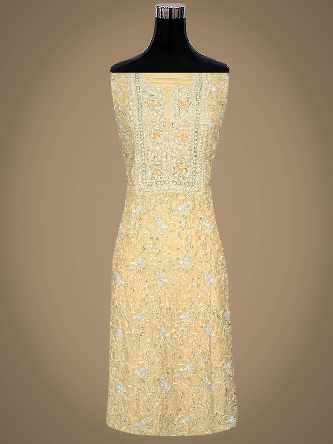 Ada Hand Embroidered Arylide Yellow Silk Lucknowi Chikankari Unstitched Kurta Dupatta Set With Cutdana Work 01A736379
