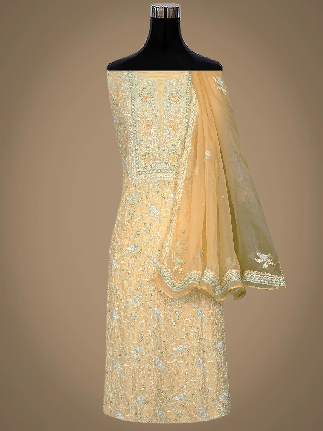 Ada Hand Embroidered Arylide Yellow Silk Lucknowi Chikankari Unstitched Kurta Dupatta Set With Cutdana Work 01A736379
