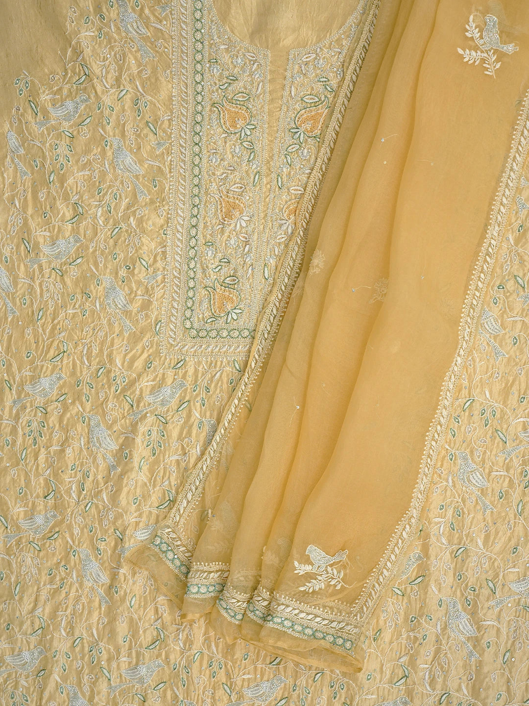 Ada Hand Embroidered Arylide Yellow Silk Lucknowi Chikankari Unstitched Kurta Dupatta Set With Cutdana Work 01A736379