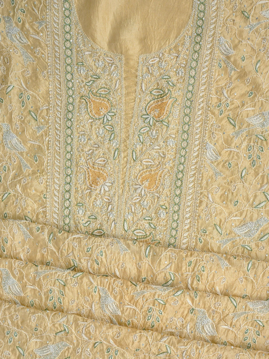 Ada Hand Embroidered Arylide Yellow Silk Lucknowi Chikankari Unstitched Kurta Dupatta Set With Cutdana Work 01A736379