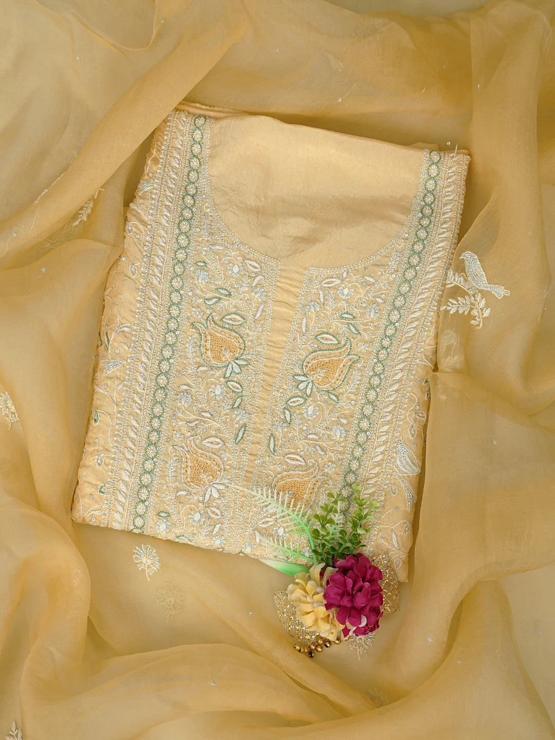 Ada Hand Embroidered Arylide Yellow Silk Lucknowi Chikankari Unstitched Kurta Dupatta Set With Cutdana Work 01A736379