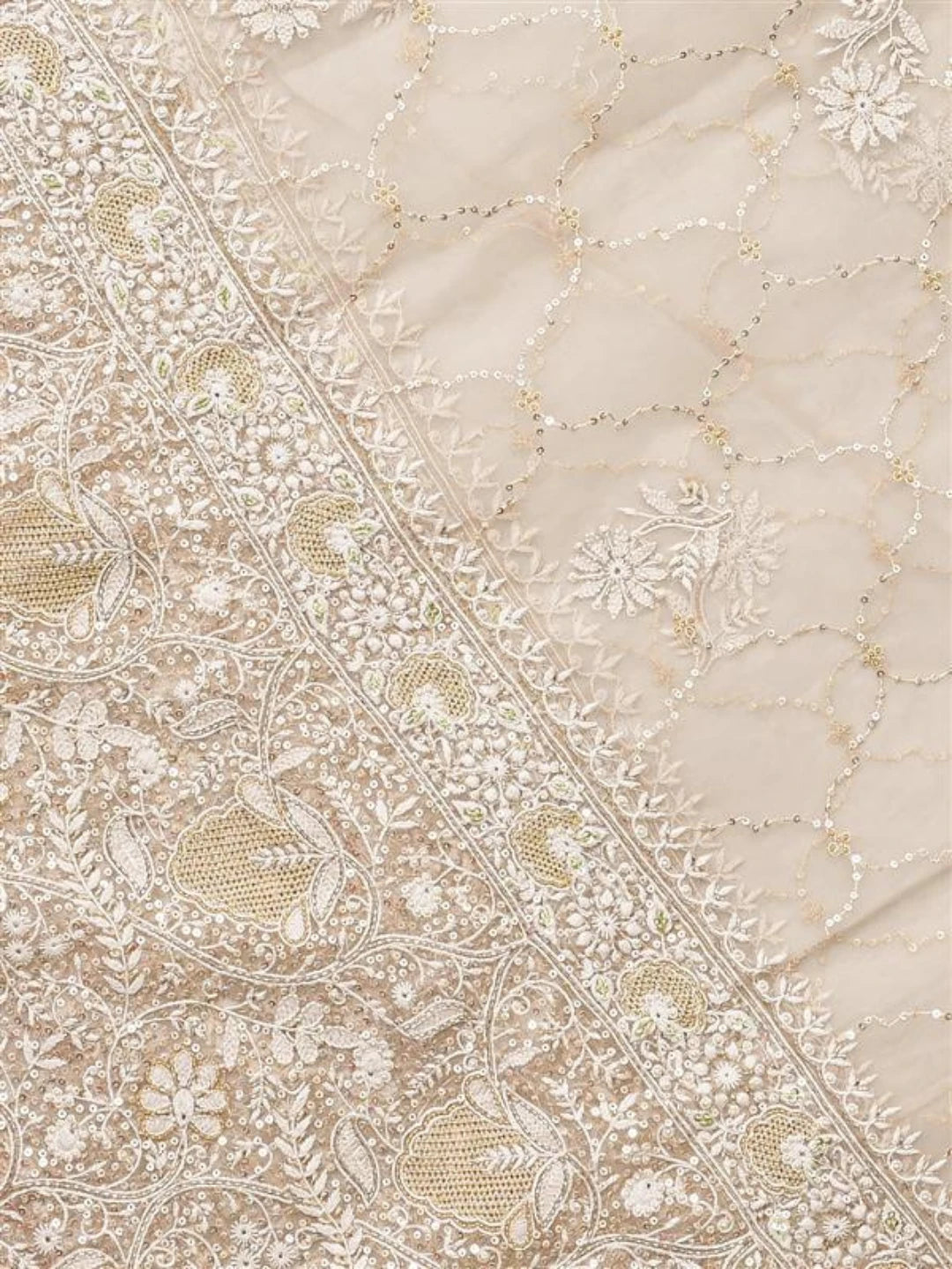 Ada Hand Embroidered Fawn Organza Lucknowi Chikankari Semi-Stitched Kurta Dupatta Set With Cutdana Work 01A567446