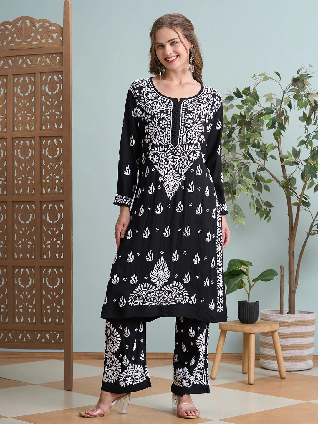 Ada Hand Embroidered Black Modal Lucknowi Chikankari Co-ord Set A811286