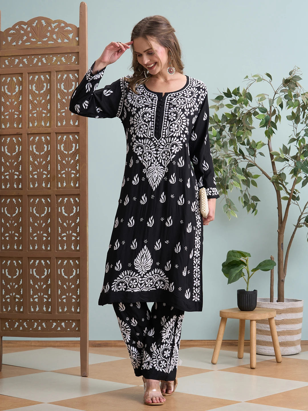 Ada Hand Embroidered Black Modal Lucknowi Chikankari Co-ord Set A811286