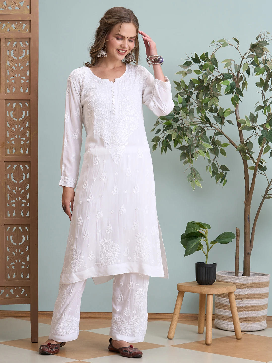 Ada Hand Embroidered White Modal Lucknowi Chikankari Co-ord Set A811365