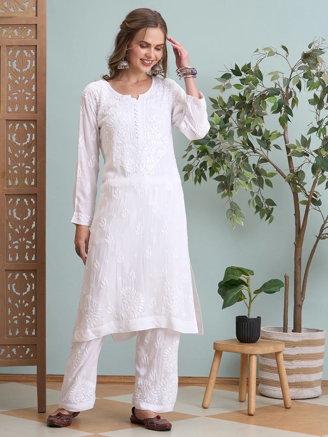 Ada Hand Embroidered White Modal Lucknowi Chikankari Co-ord Set A811365