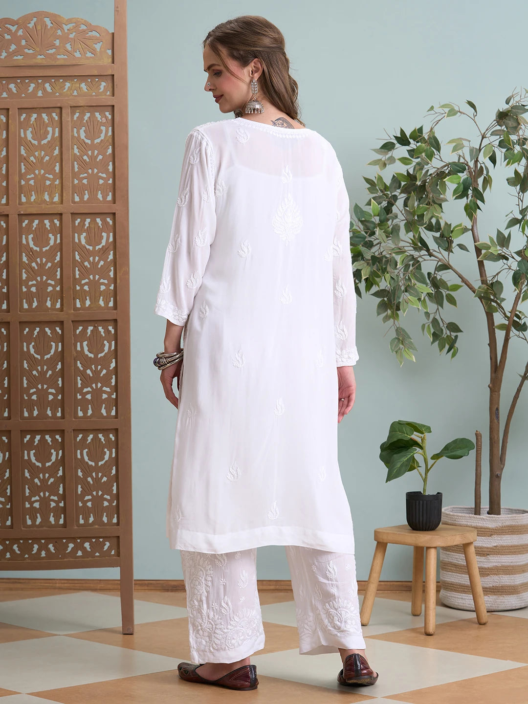 Ada Hand Embroidered White Modal Lucknowi Chikankari Co-ord Set A811365