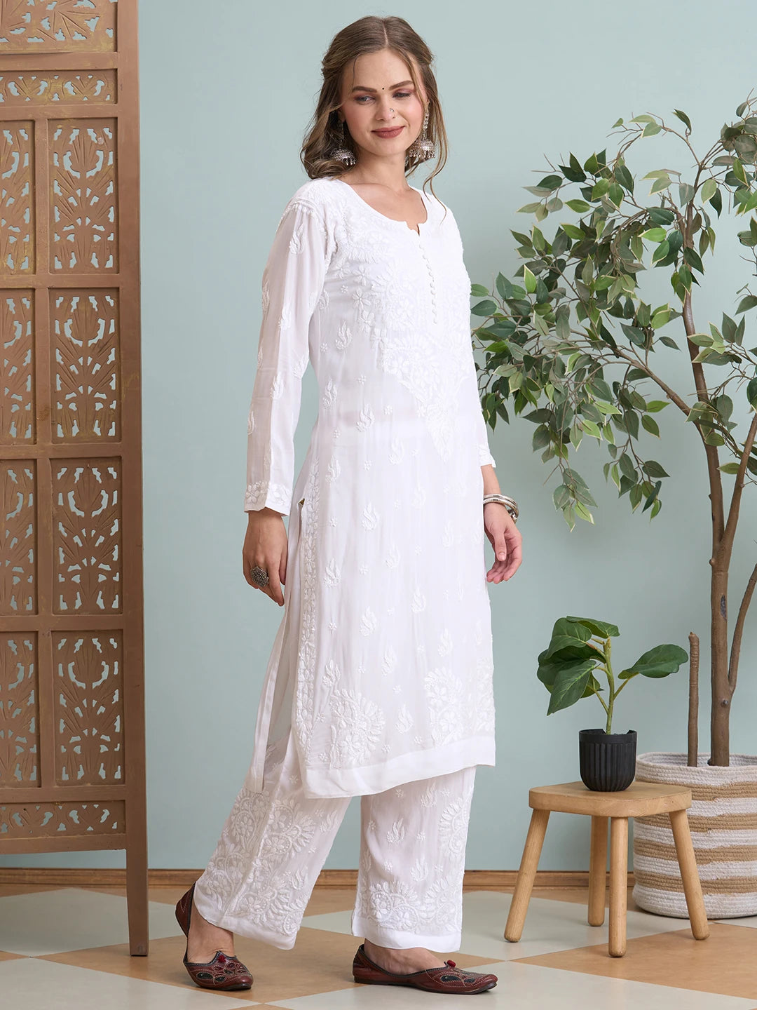 Ada Hand Embroidered White Modal Lucknowi Chikankari Co-ord Set A811365