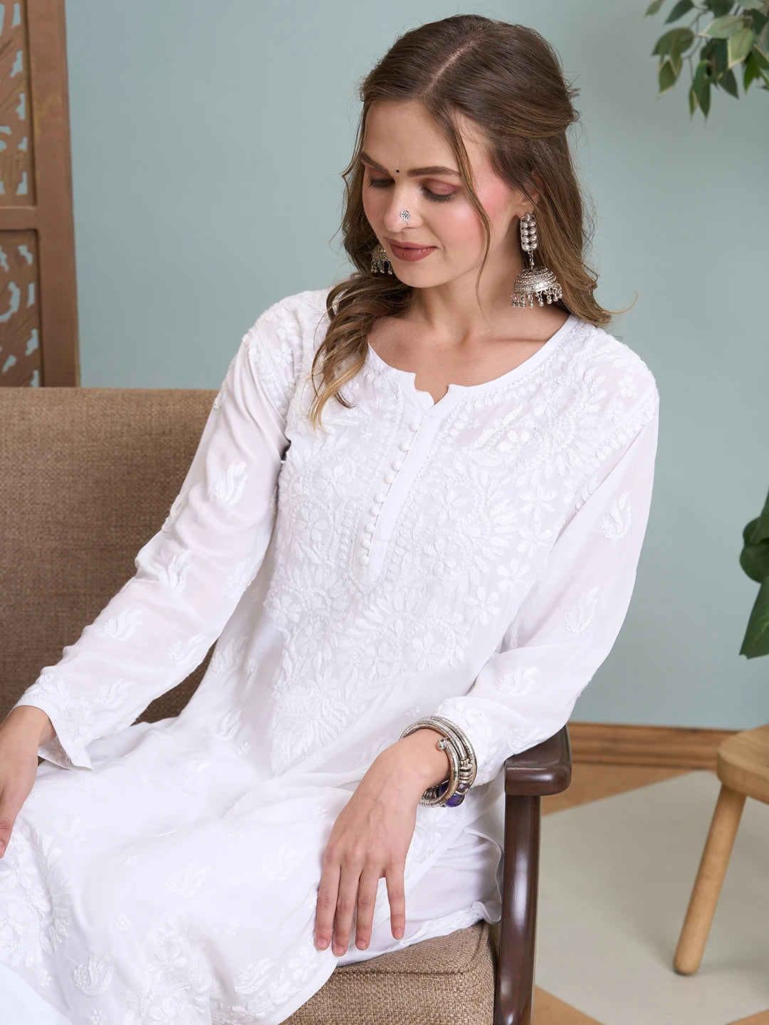 Ada Hand Embroidered White Modal Lucknowi Chikankari Co-ord Set A811365