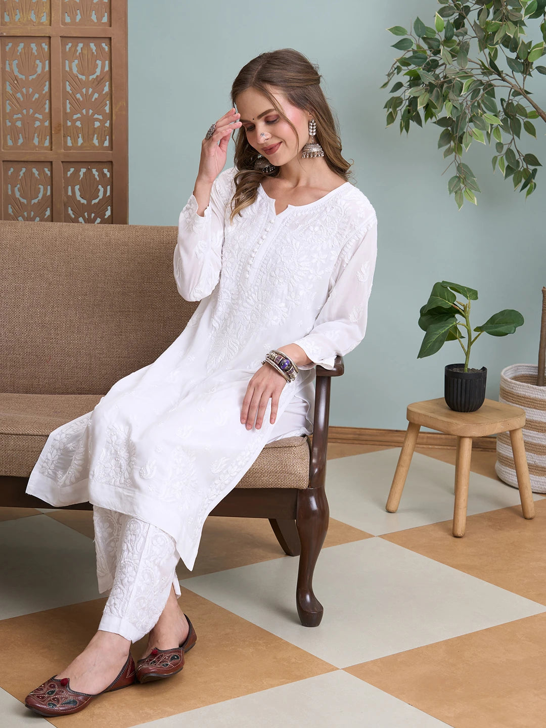 Ada Hand Embroidered White Modal Lucknowi Chikankari Co-ord Set A811365