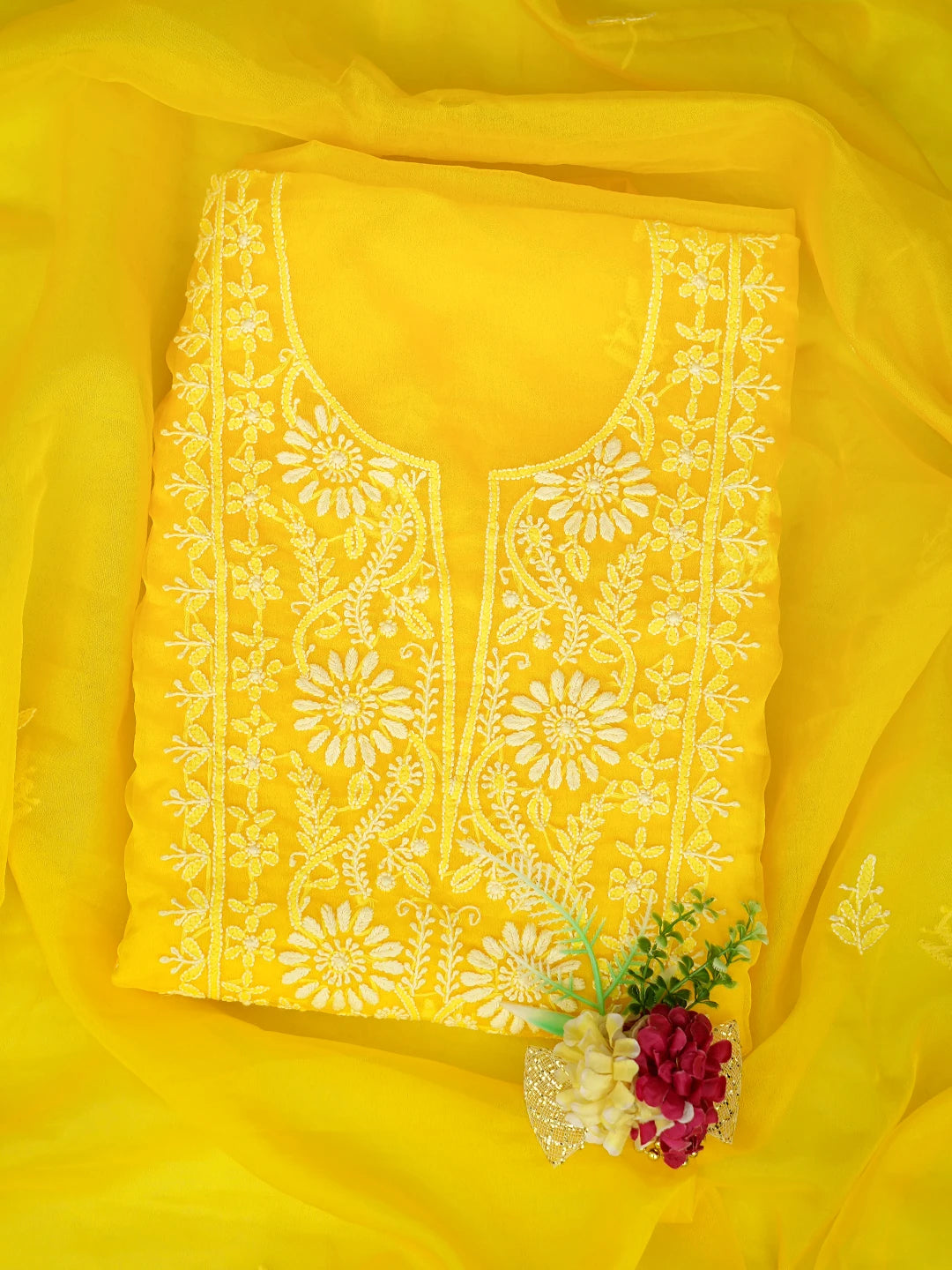Ada Hand Embroidered Yellow Organza Lucknowi Chikankari Unstitched Kurta Dupatta Set 01A810574