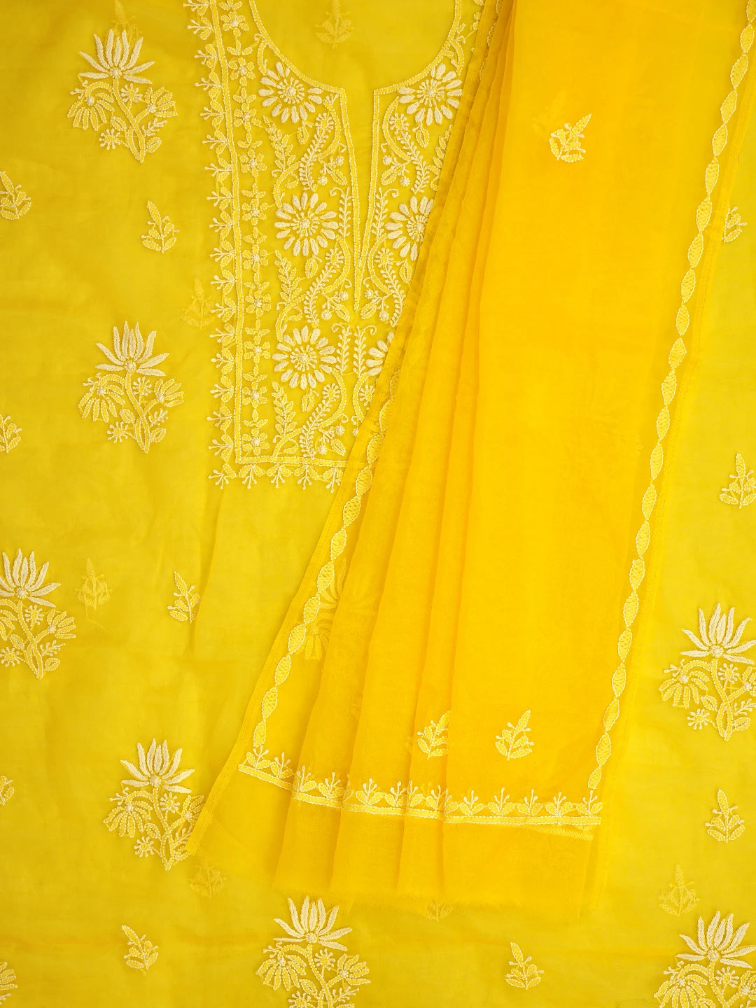 Ada Hand Embroidered Yellow Organza Lucknowi Chikankari Unstitched Kurta Dupatta Set 01A810574