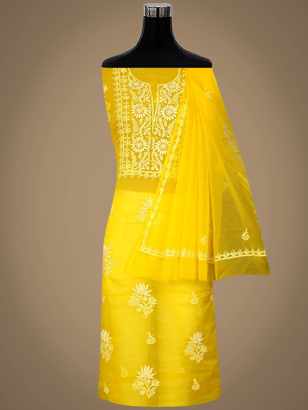 Ada Hand Embroidered Yellow Organza Lucknowi Chikankari Unstitched Kurta Dupatta Set 01A810574