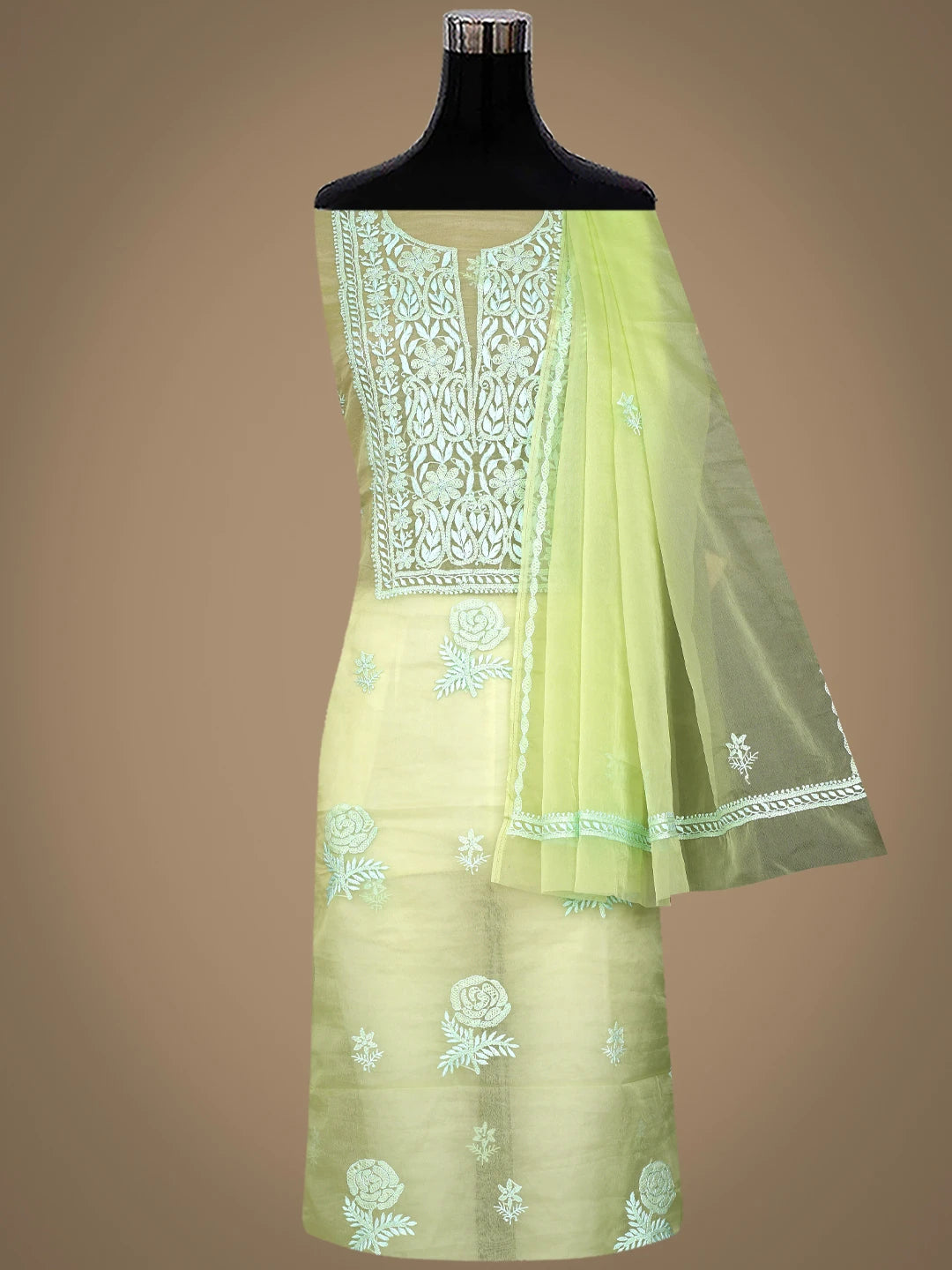 Ada Hand Embroidered Green Organza Lucknowi Chikankari Unstitched Kurta Dupatta Set 01A794181