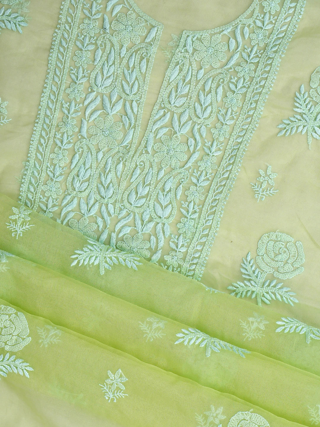 Ada Hand Embroidered Green Organza Lucknowi Chikankari Unstitched Kurta Dupatta Set 01A794181