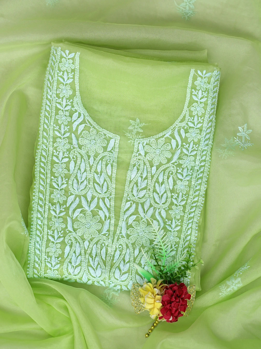 Ada Hand Embroidered Green Organza Lucknowi Chikankari Unstitched Kurta Dupatta Set 01A794181
