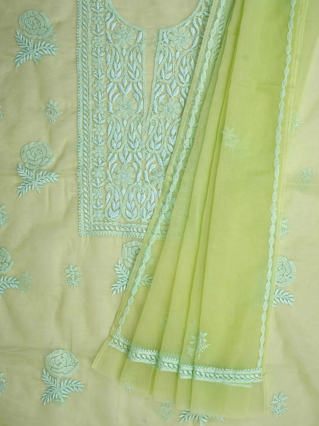 Ada Hand Embroidered Green Organza Lucknowi Chikankari Unstitched Kurta Dupatta Set 01A794181