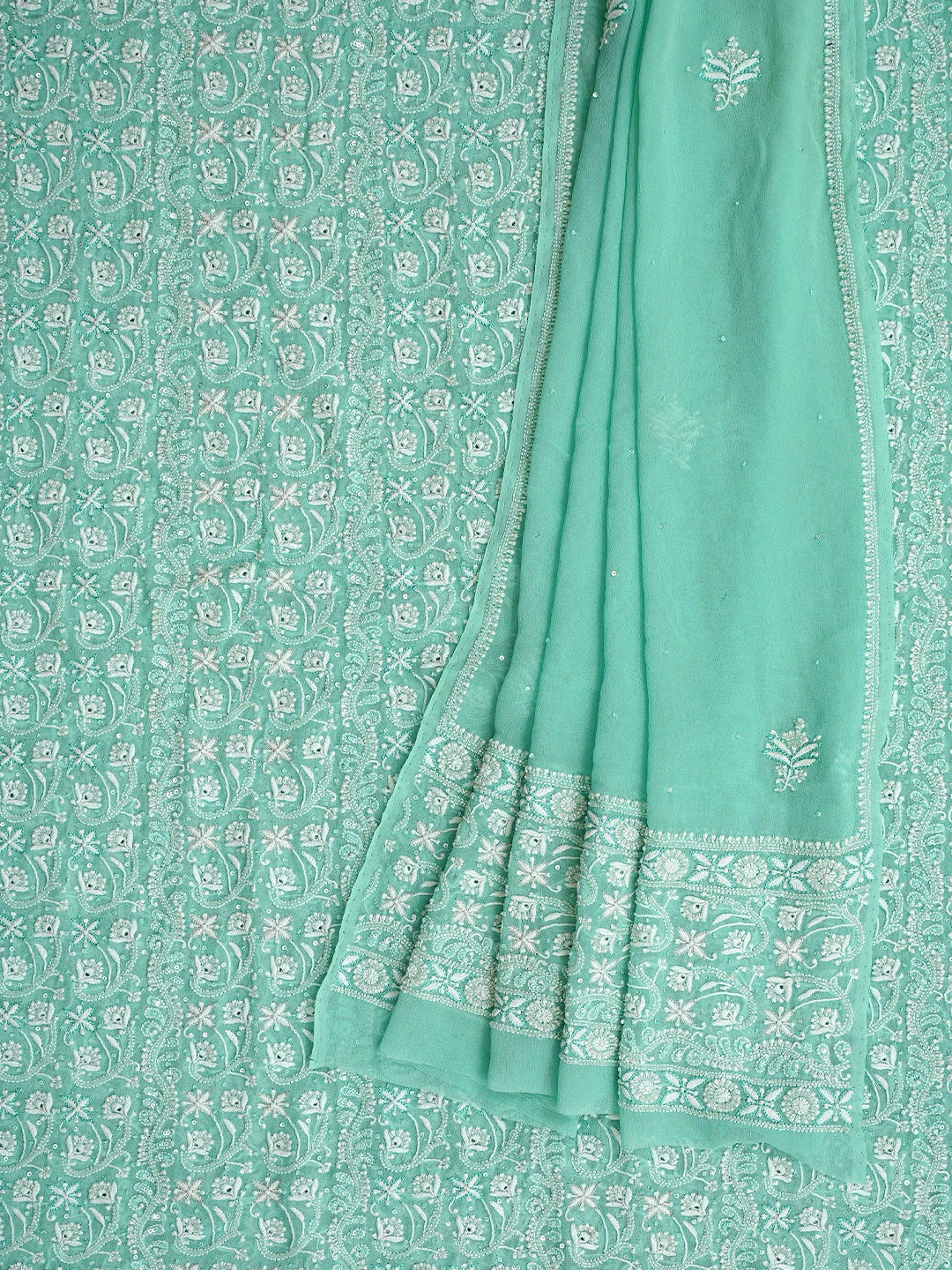Ada Hand Embroidered Sea Green Pure Georgette Lucknowi Chikankari Unstitched Kurta Dupatta Set With Cutdana Work A466260