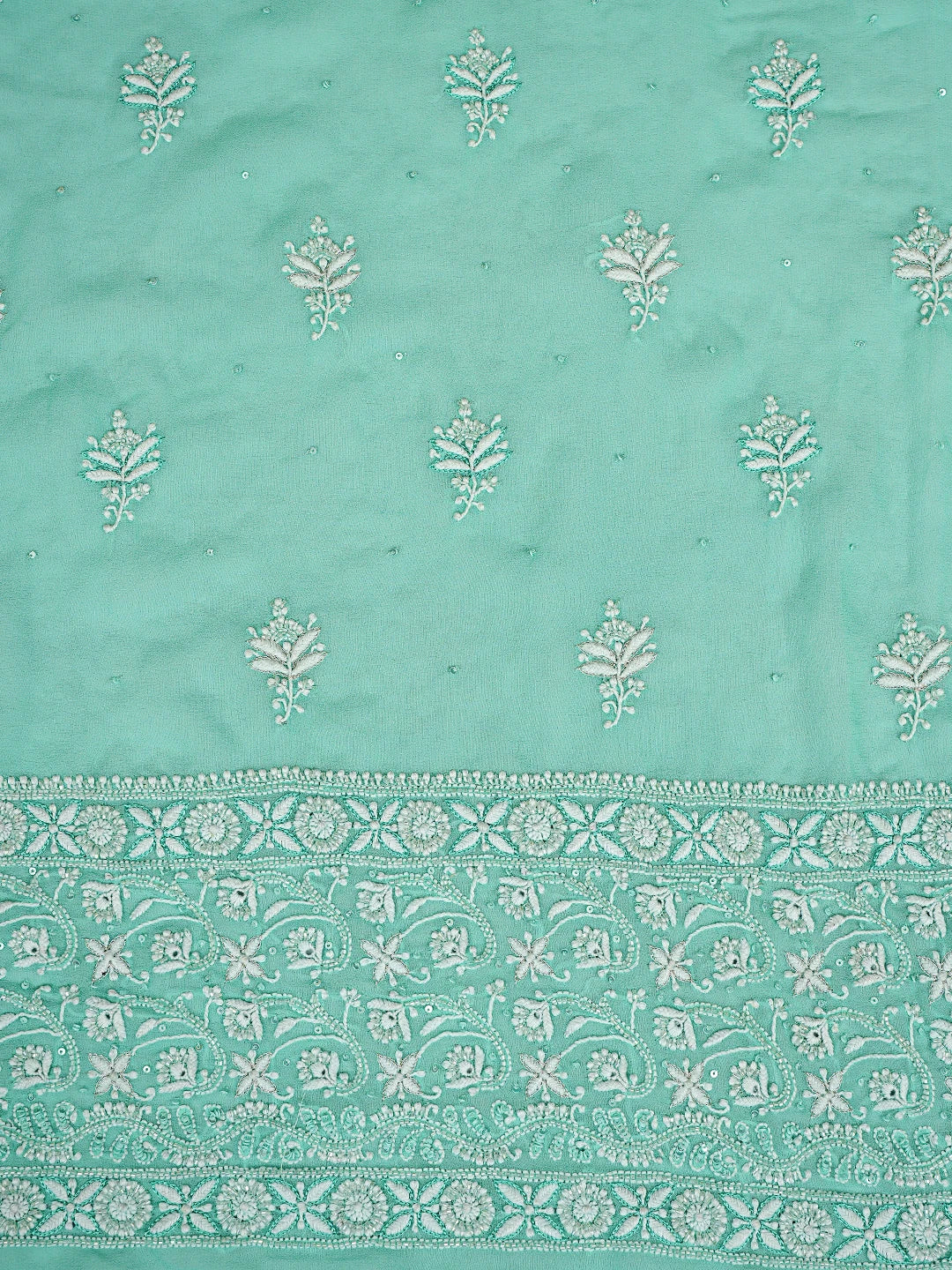 Ada Hand Embroidered Sea Green Pure Georgette Lucknowi Chikankari Unstitched Kurta Dupatta Set With Cutdana Work A466260