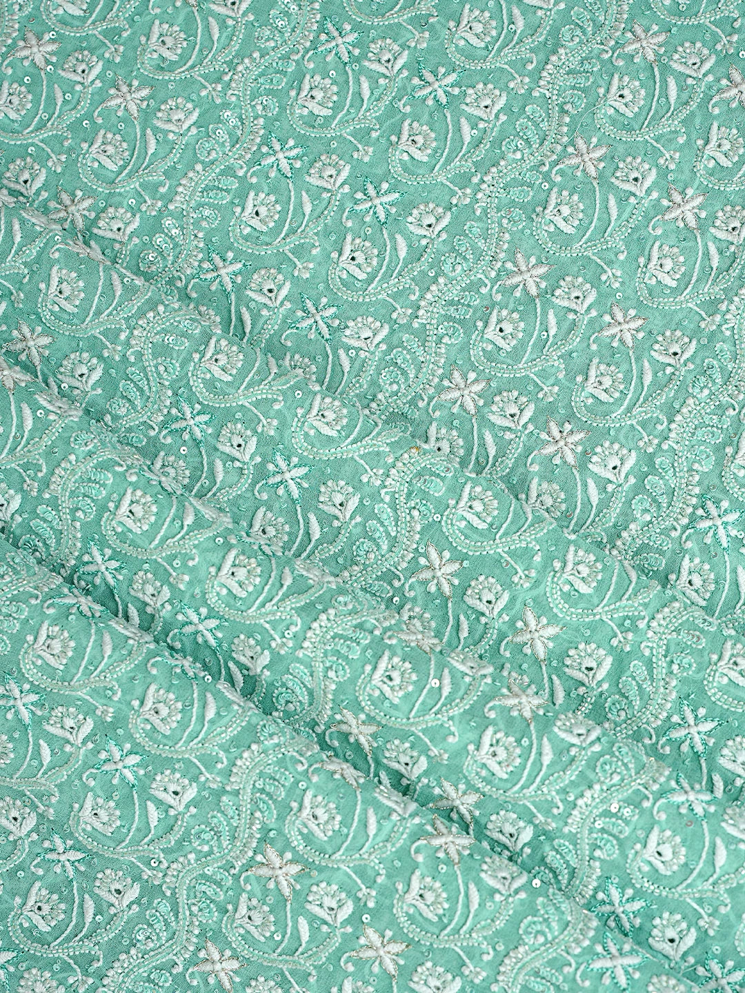 Ada Hand Embroidered Sea Green Pure Georgette Lucknowi Chikankari Unstitched Kurta Dupatta Set With Cutdana Work A466260