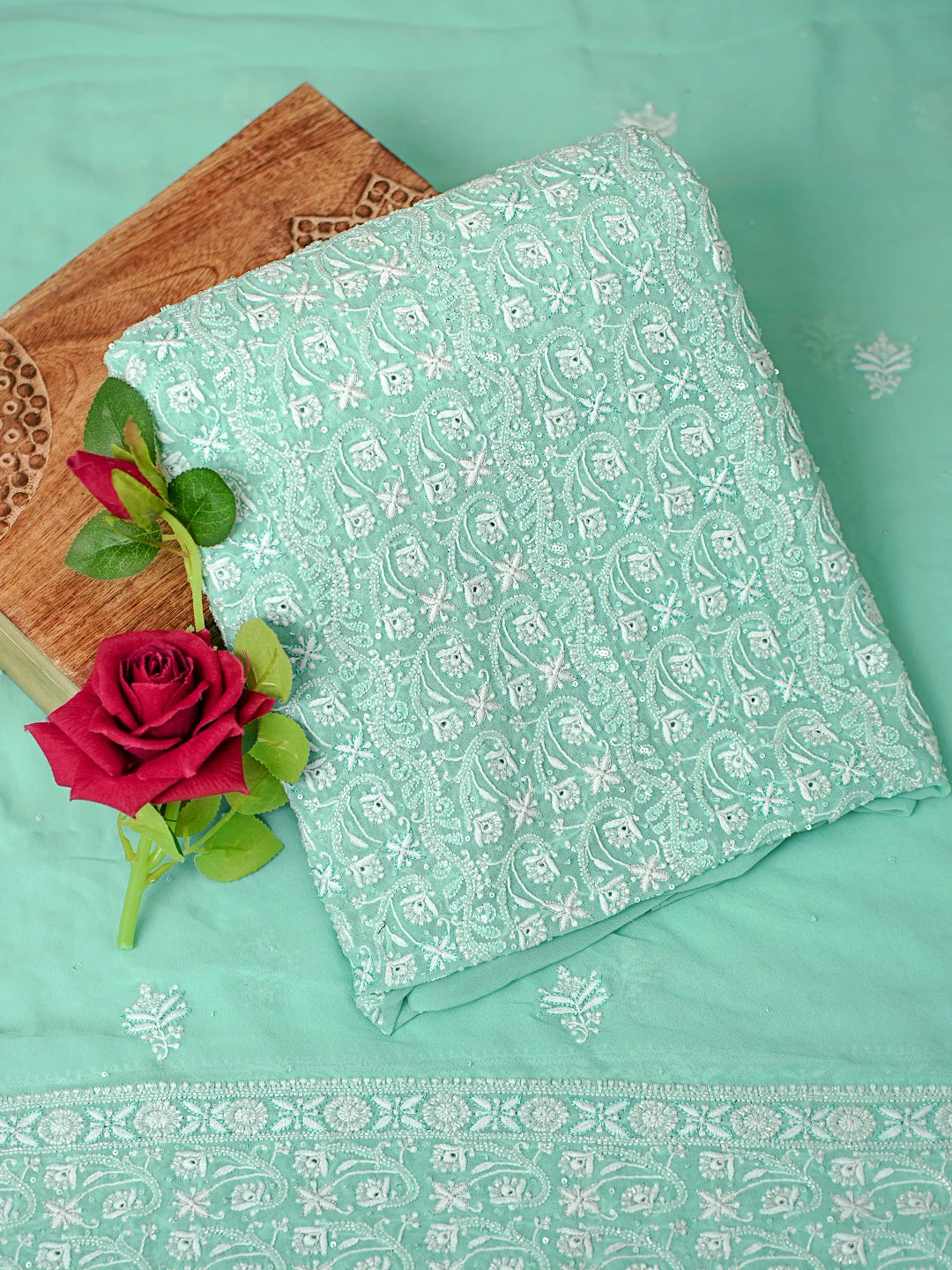 Ada Hand Embroidered Sea Green Pure Georgette Lucknowi Chikankari Unstitched Kurta Dupatta Set With Cutdana Work A466260