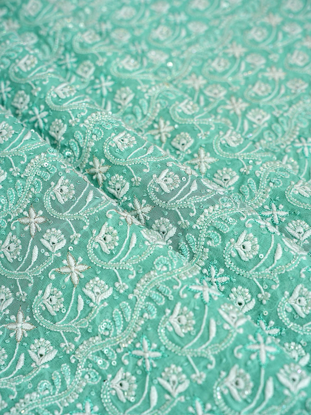 Ada Hand Embroidered Sea Green Pure Georgette Lucknowi Chikankari Unstitched Kurta Dupatta Set With Cutdana Work A466260