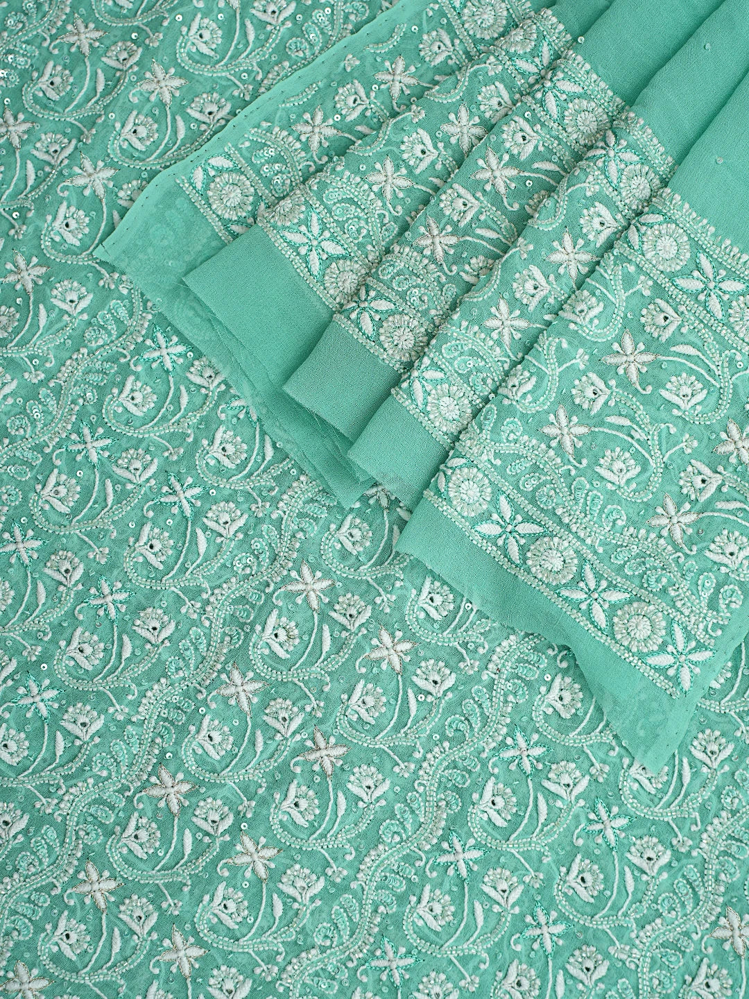 Ada Hand Embroidered Sea Green Pure Georgette Lucknowi Chikankari Unstitched Kurta Dupatta Set With Cutdana Work A466260