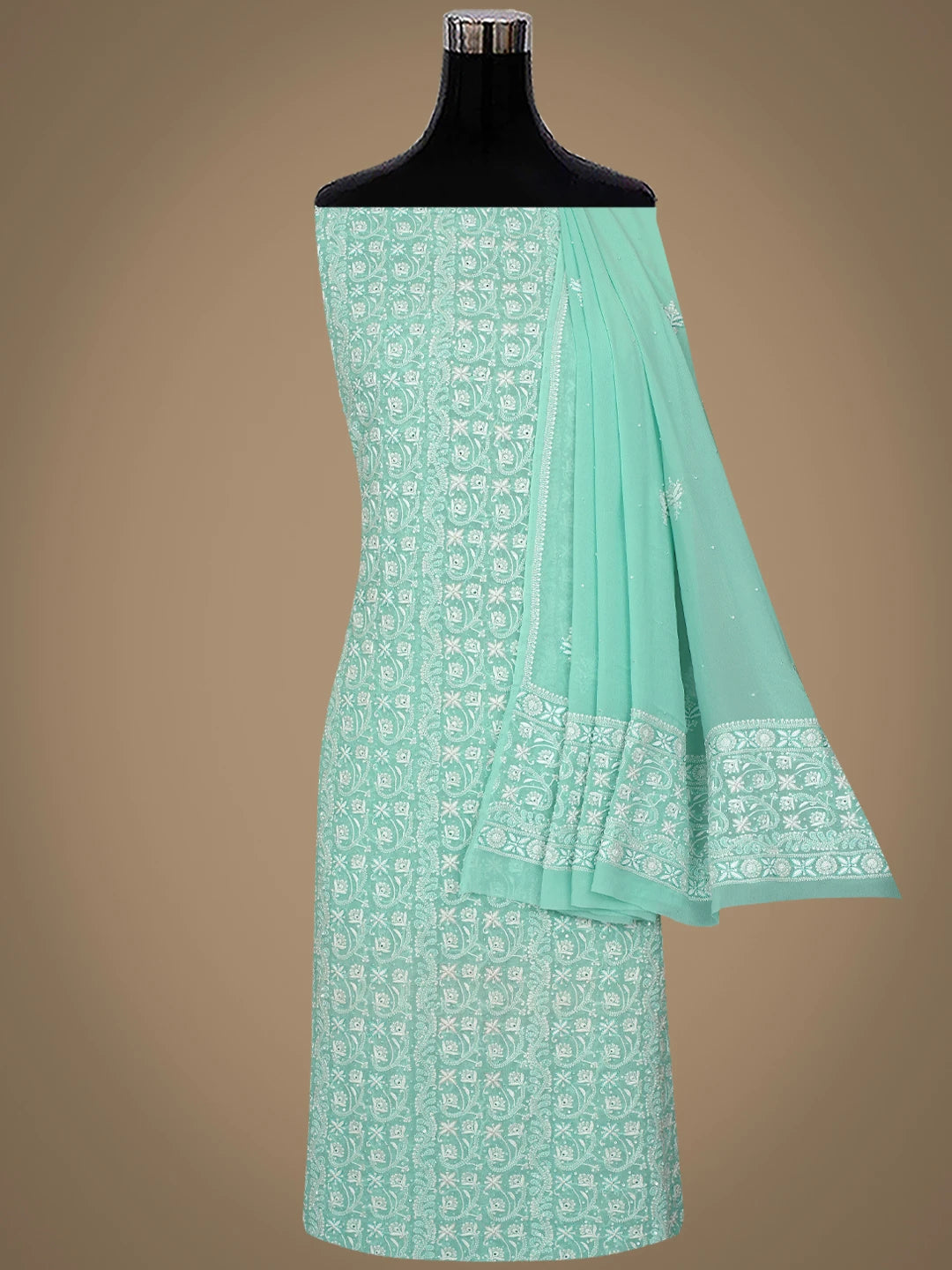 Ada Hand Embroidered Sea Green Pure Georgette Lucknowi Chikankari Unstitched Kurta Dupatta Set With Cutdana Work A466260