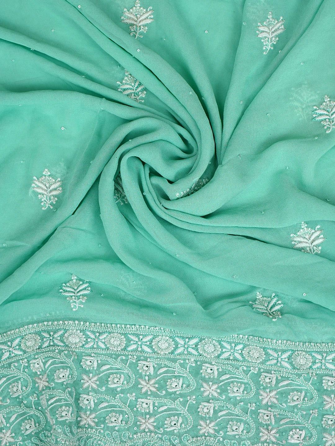 Ada Hand Embroidered Sea Green Pure Georgette Lucknowi Chikankari Unstitched Kurta Dupatta Set With Cutdana Work A466260