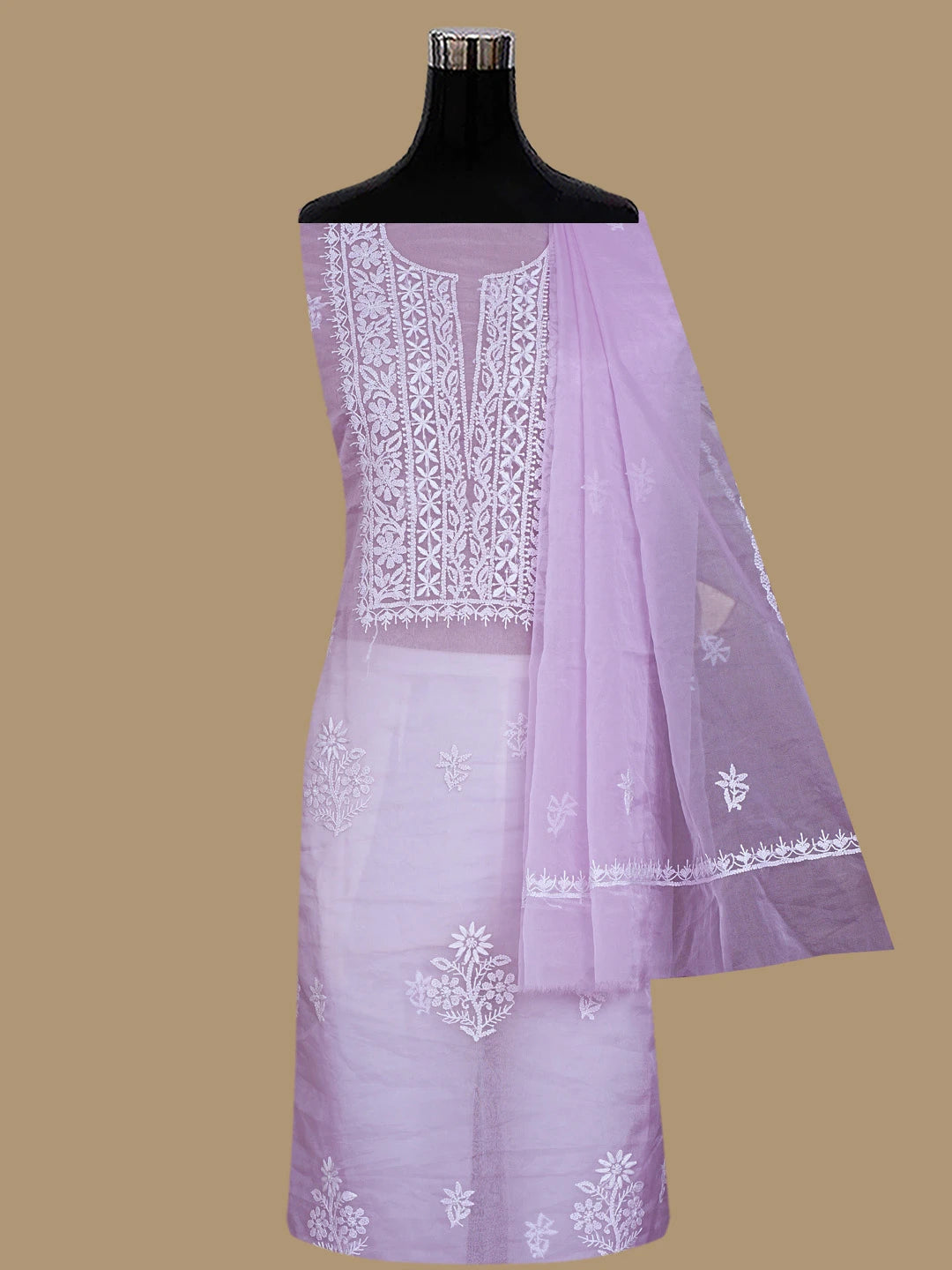 Ada Hand Embroidered Light Mauve Organza Lucknowi Chikankari Unstitched Kurta Dupatta Set 01A810588