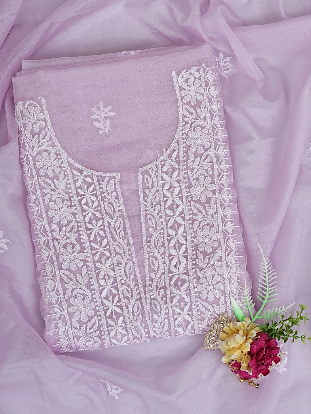 Ada Hand Embroidered Light Mauve Organza Lucknowi Chikankari Unstitched Kurta Dupatta Set 01A810588