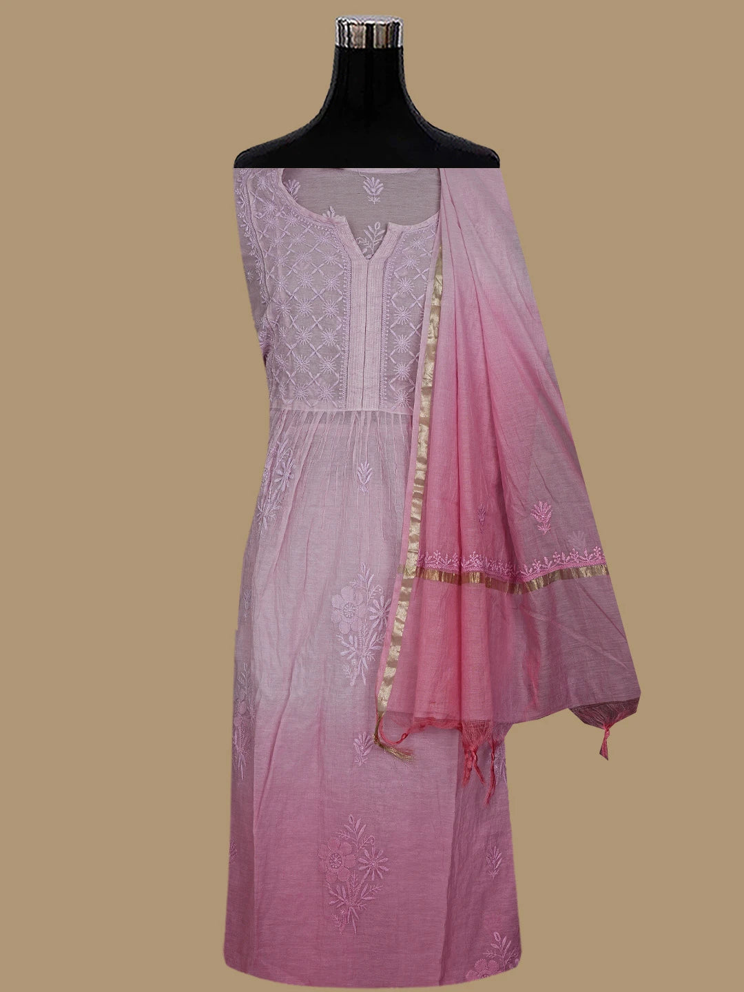Ada Hand Embroidered Pink Chanderi Lucknowi Chikankari Semi-Stitched Kurta Dupatta Set 01A789147