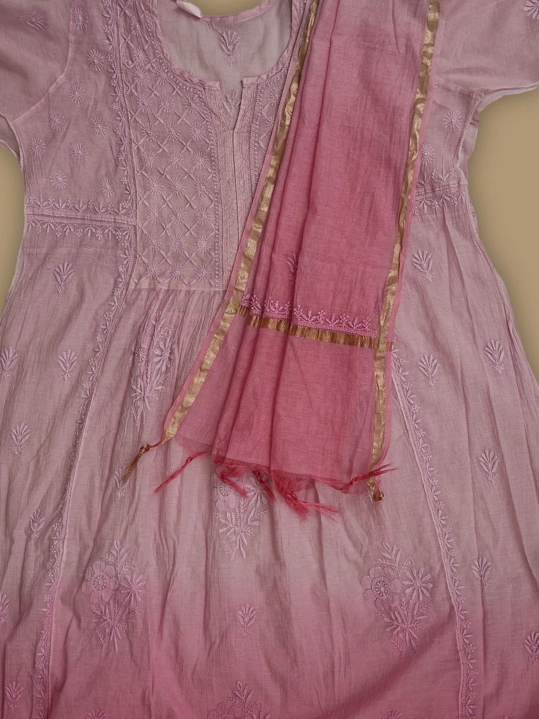 Ada Hand Embroidered Pink Chanderi Lucknowi Chikankari Semi-Stitched Kurta Dupatta Set 01A789147