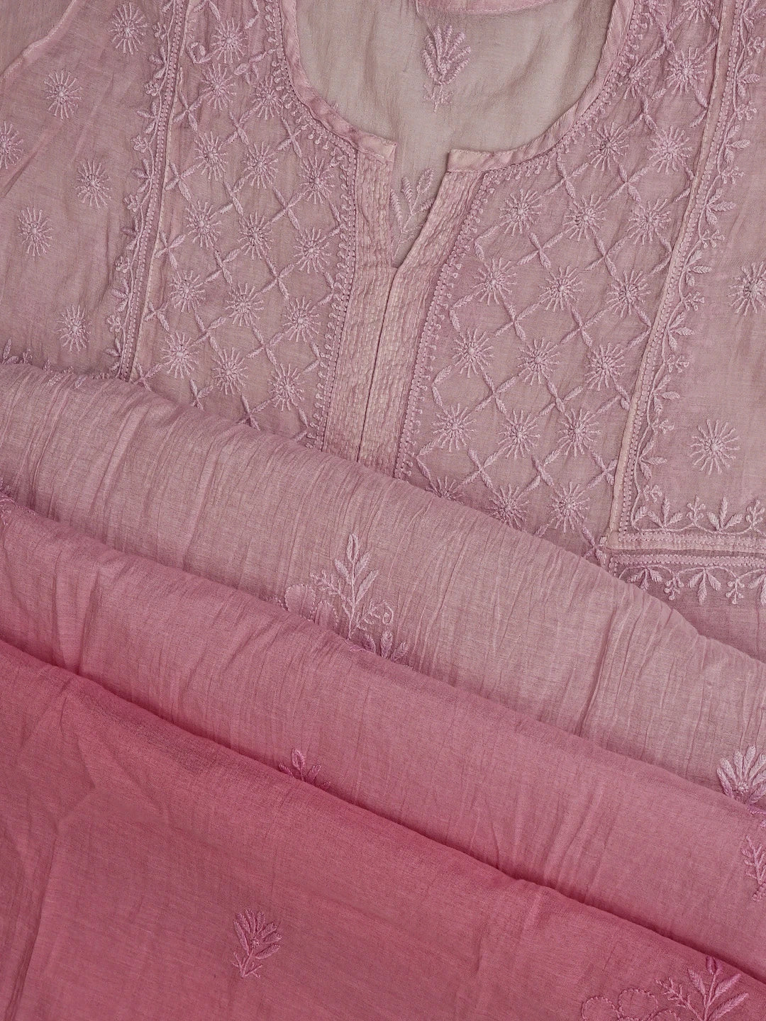 Ada Hand Embroidered Pink Chanderi Lucknowi Chikankari Semi-Stitched Kurta Dupatta Set 01A789147