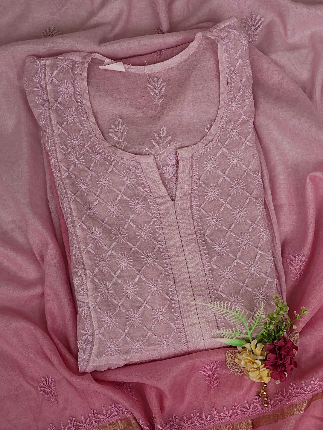 Ada Hand Embroidered Pink Chanderi Lucknowi Chikankari Semi-Stitched Kurta Dupatta Set 01A789147