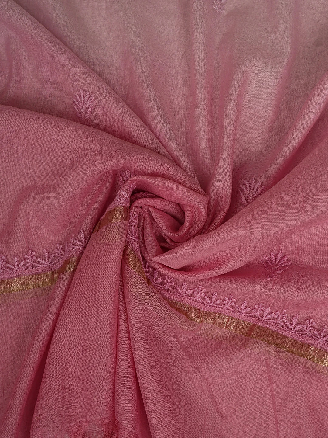 Ada Hand Embroidered Pink Chanderi Lucknowi Chikankari Semi-Stitched Kurta Dupatta Set 01A789147