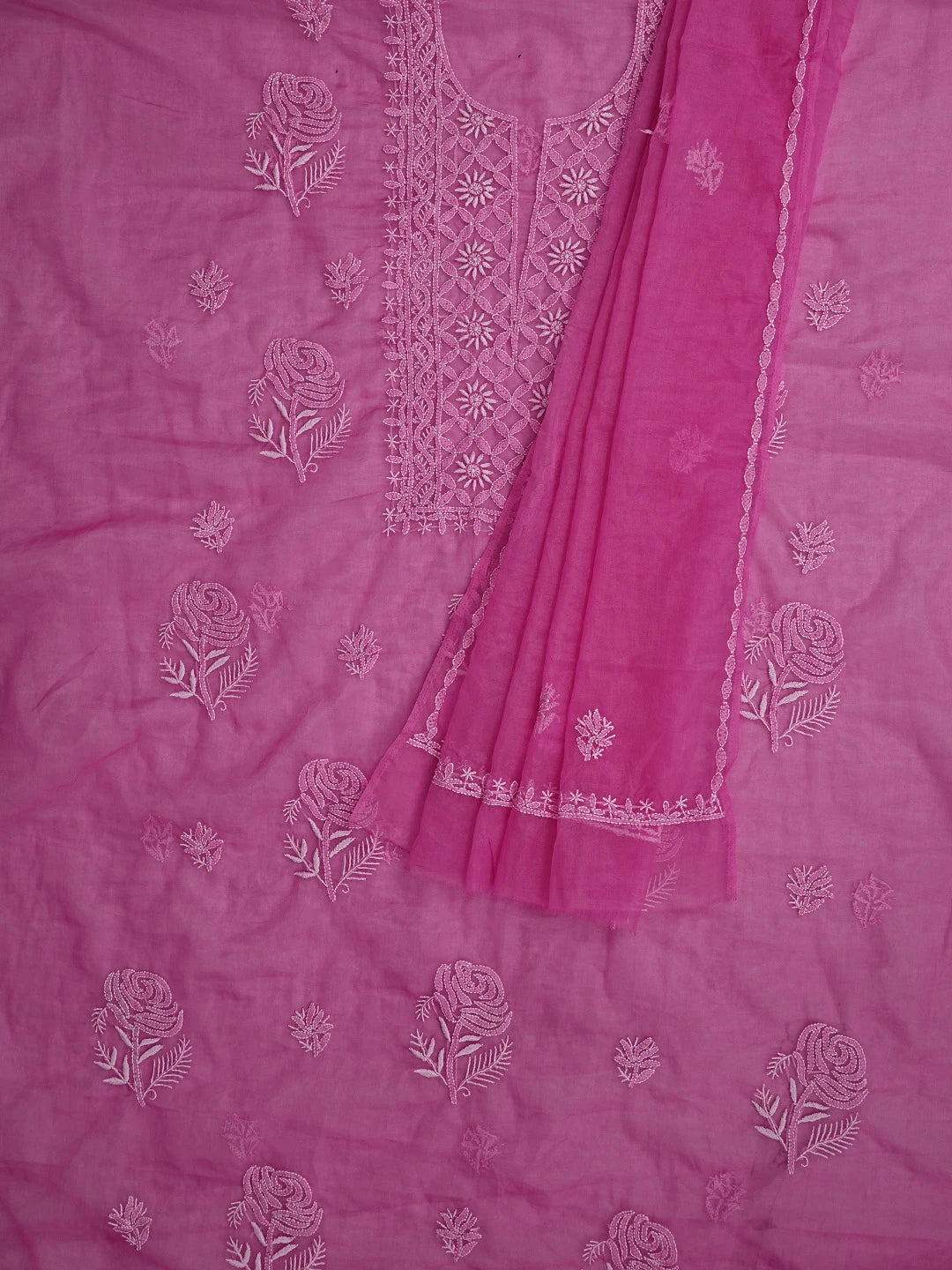 Ada Hand Embroidered Magenta Organza Lucknowi Chikankari Unstitched Kurta Dupatta Set 01A810586
