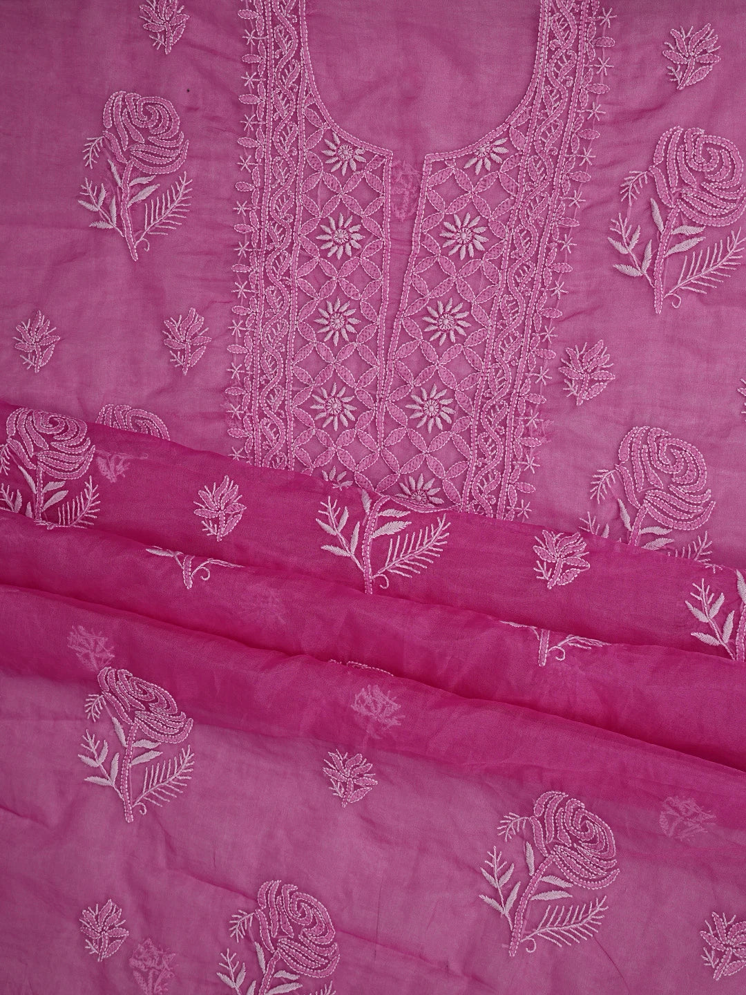Ada Hand Embroidered Magenta Organza Lucknowi Chikankari Unstitched Kurta Dupatta Set 01A810586