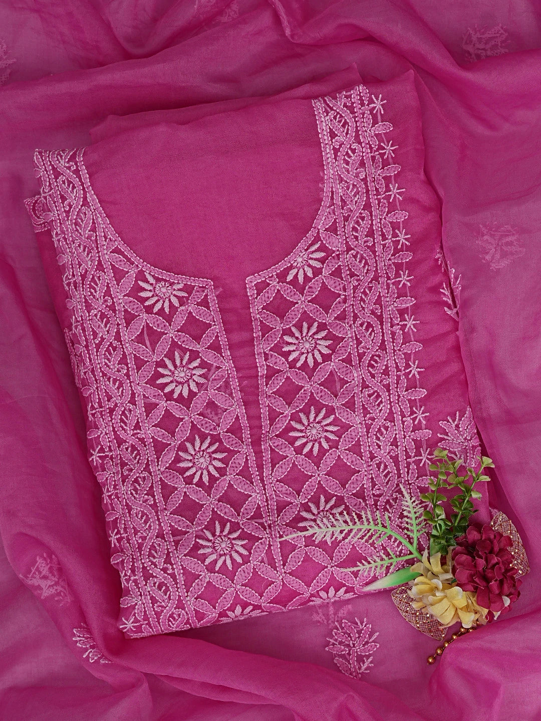 Ada Hand Embroidered Magenta Organza Lucknowi Chikankari Unstitched Kurta Dupatta Set 01A810586