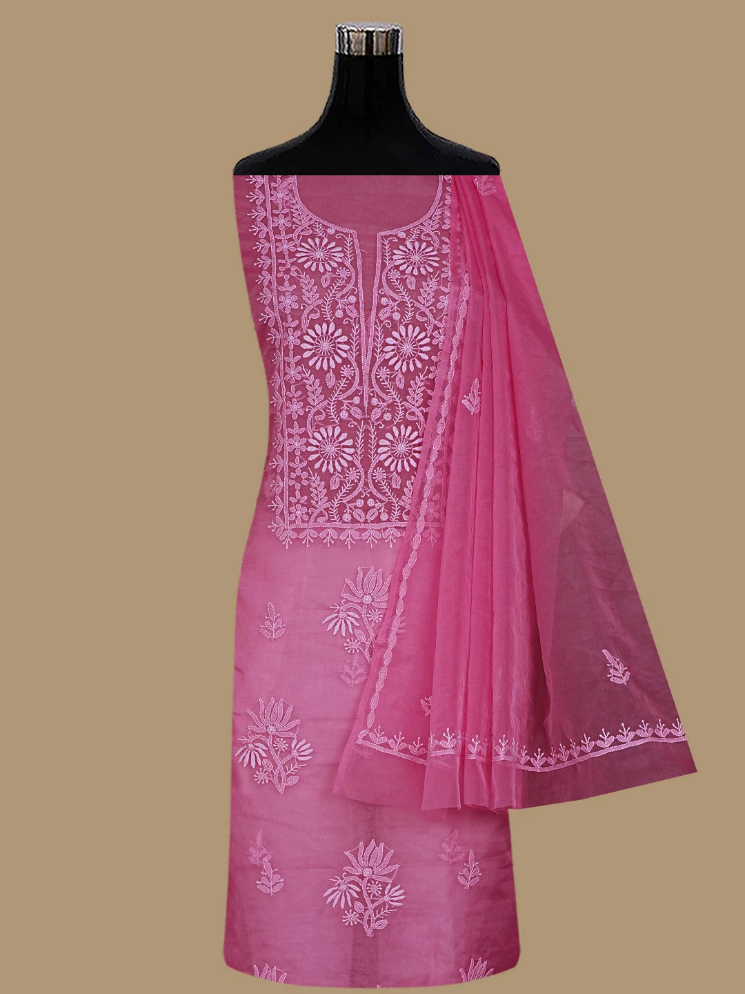 Ada Hand Embroidered Persian Pink Organza Lucknowi Chikankari Unstitched Kurta Dupatta Set 01A810580