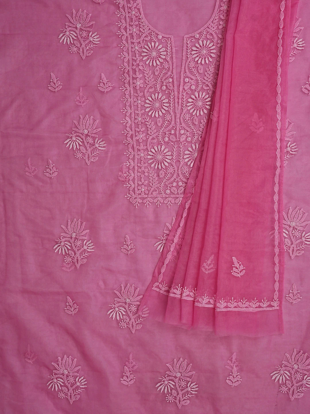 Ada Hand Embroidered Persian Pink Organza Lucknowi Chikankari Unstitched Kurta Dupatta Set 01A810580
